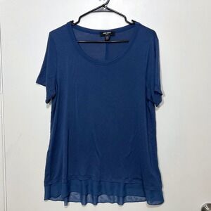 Nine West Womens Layered Sheer Chiffon Hem Top Size L Blue Short Sleeve Casual